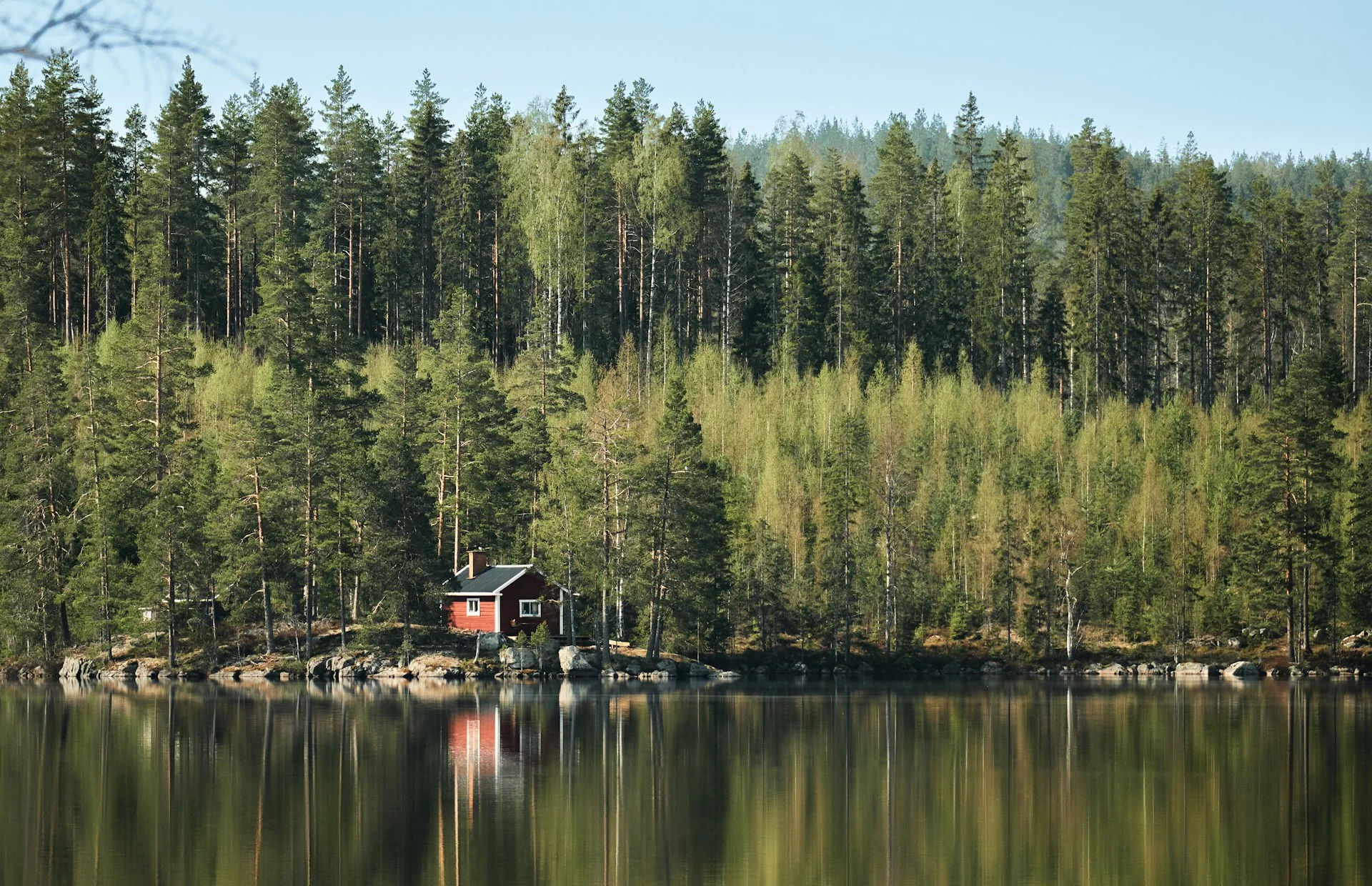Rotes Holzhaus am Wasser zwischen Bäumen in Dalarna, Schweden