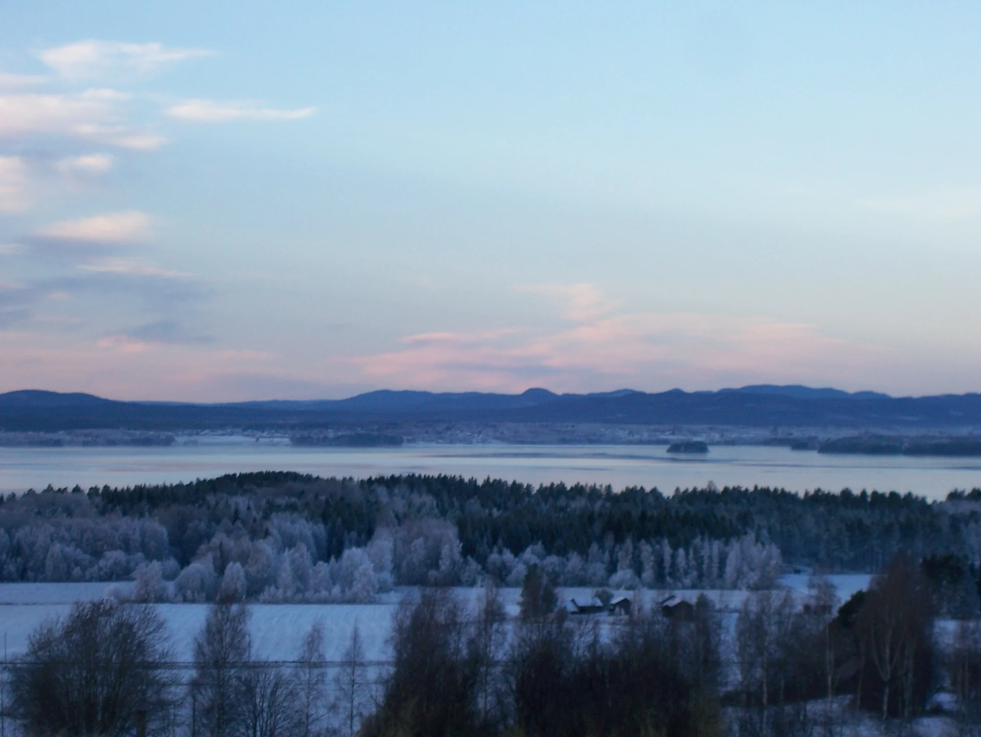 Winterliche Aussicht über den Siljansee mit verschneiten Bäumen im Vordergrund