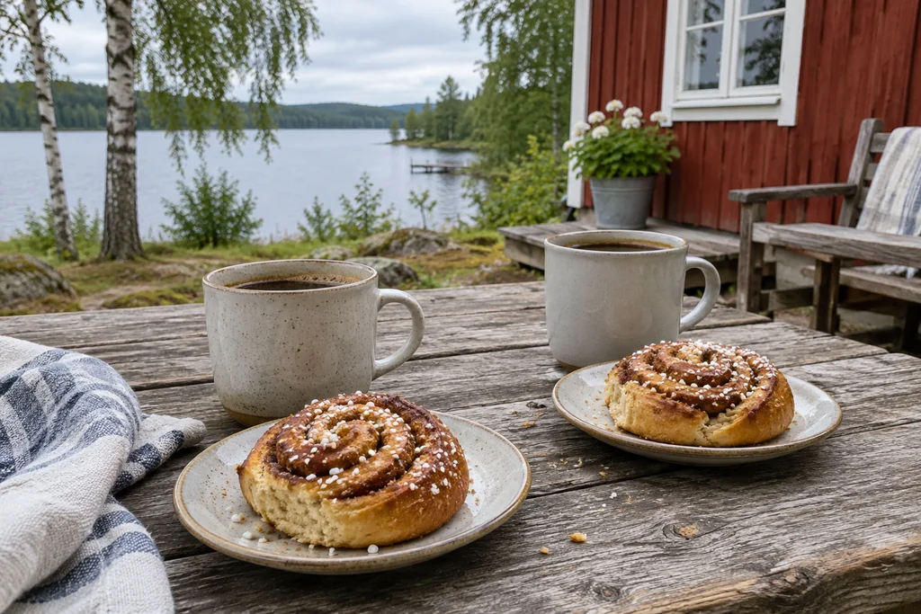 Kaffee und Zimtschnecken vor einer roten Hütte am See – KI-generiertes Symbolbild