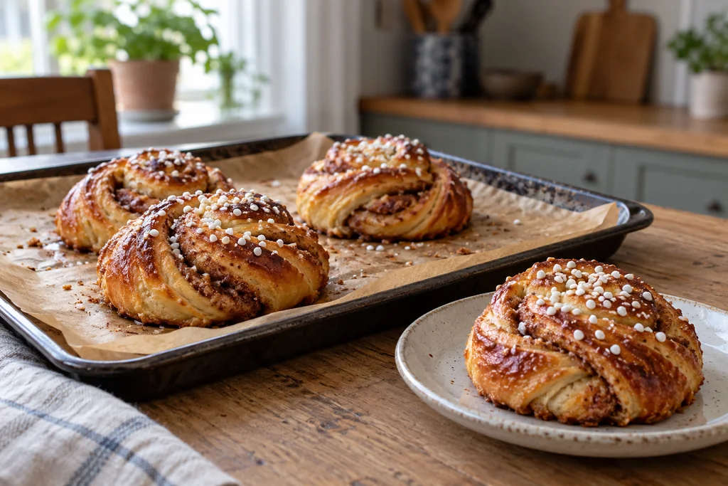 Schwedische Zimtschnecken mit Hagelzucker auf einem Backblech – KI-generiertes Symbolbild