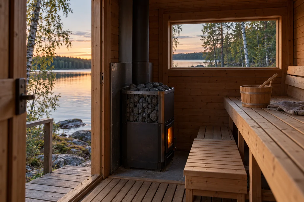 Einfache Holzsauna mit Blick auf einen See – KI-generiertes Symbolbild