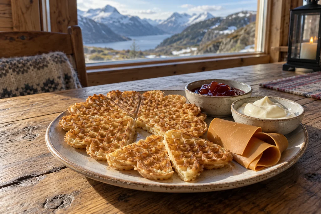 Norwegische Herzwaffeln mit Marmelade, Sauerrahm und Brunost – KI-generiertes Symbolbild